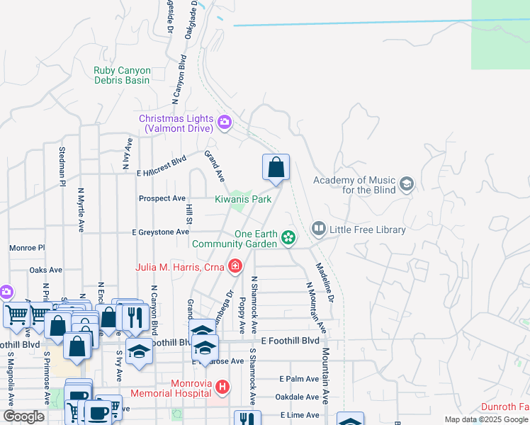 map of restaurants, bars, coffee shops, grocery stores, and more near 349 Norumbega Drive in Monrovia