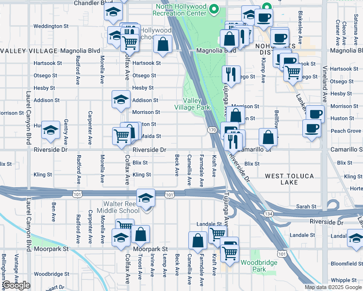 map of restaurants, bars, coffee shops, grocery stores, and more near 11531 Riverside Drive in Los Angeles