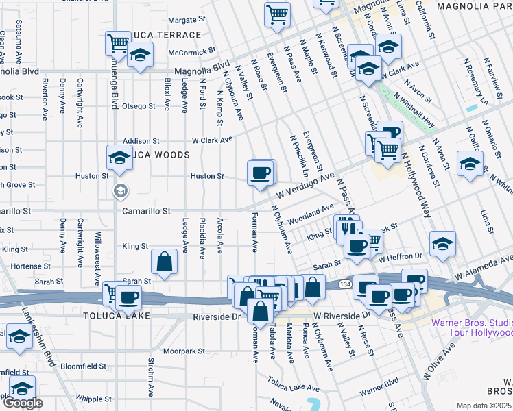 map of restaurants, bars, coffee shops, grocery stores, and more near 10201 Camarillo Street in Los Angeles