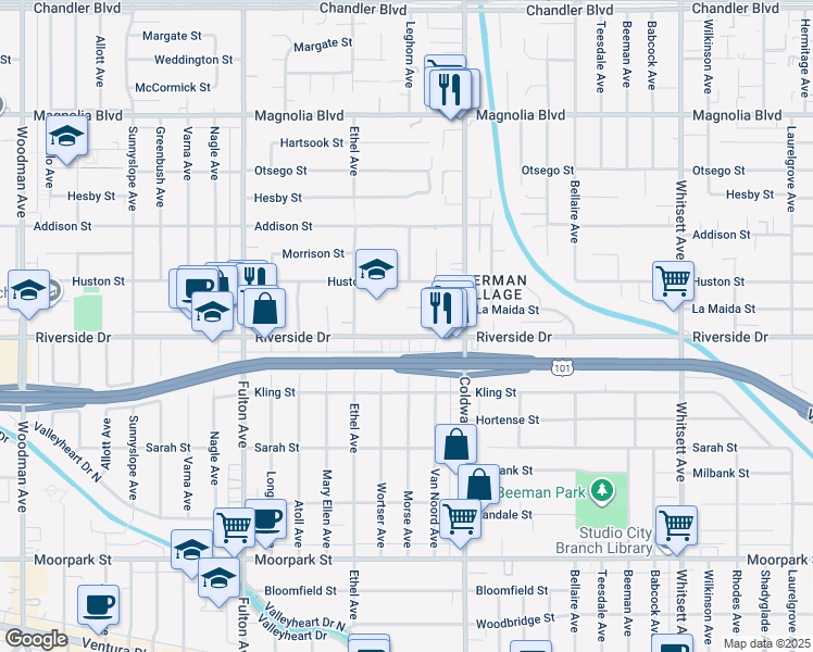map of restaurants, bars, coffee shops, grocery stores, and more near 12955 Riverside Drive in Los Angeles