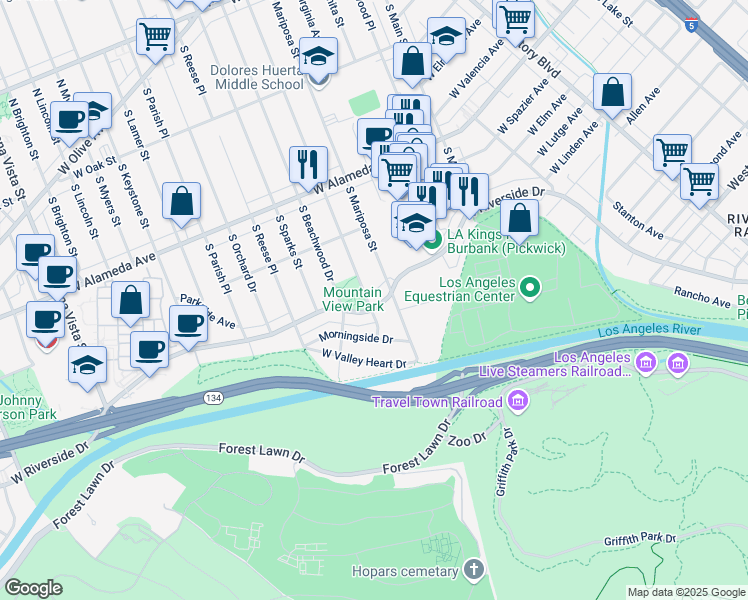 map of restaurants, bars, coffee shops, grocery stores, and more near 1304 West Riverside Drive in Burbank