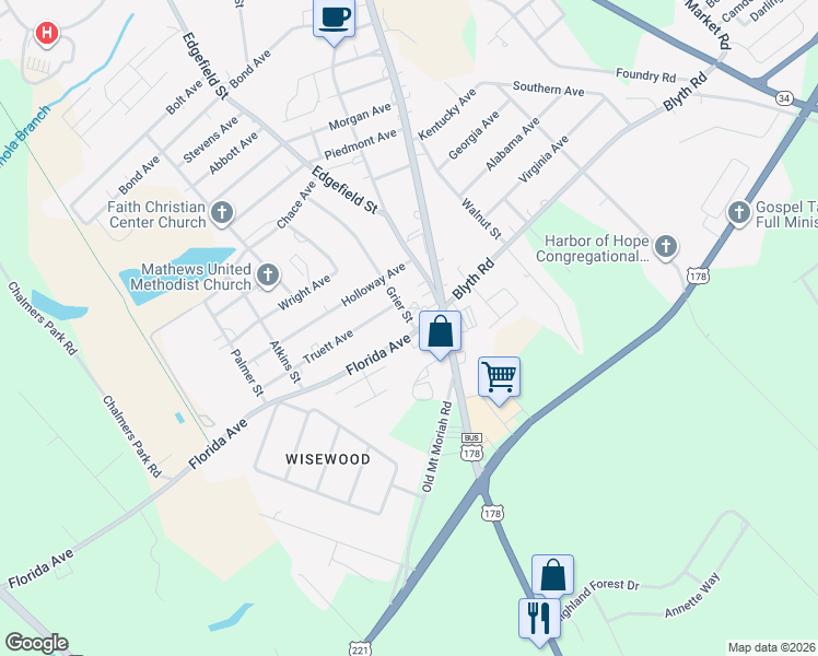 map of restaurants, bars, coffee shops, grocery stores, and more near 684 Grier Street in Greenwood