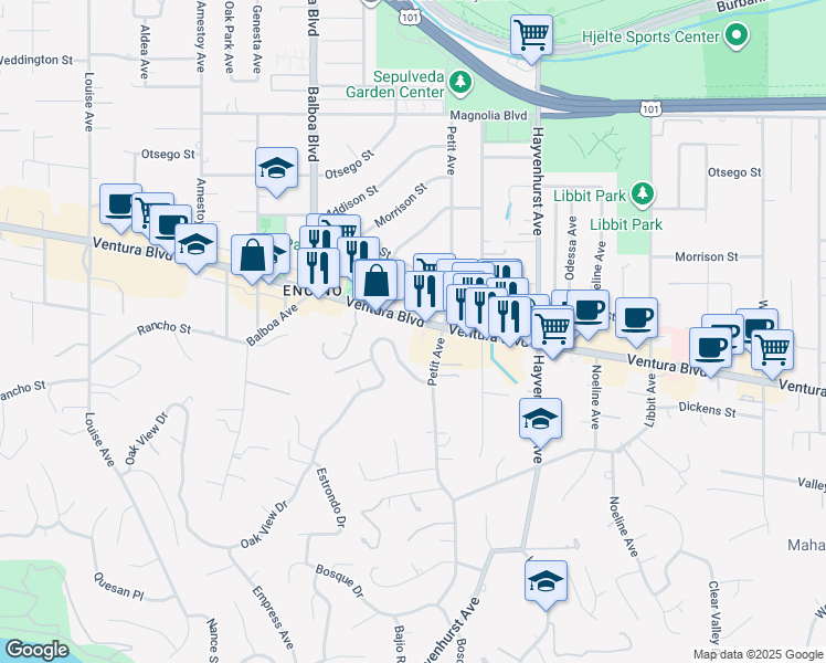 map of restaurants, bars, coffee shops, grocery stores, and more near 16710 Ventura Boulevard in Los Angeles