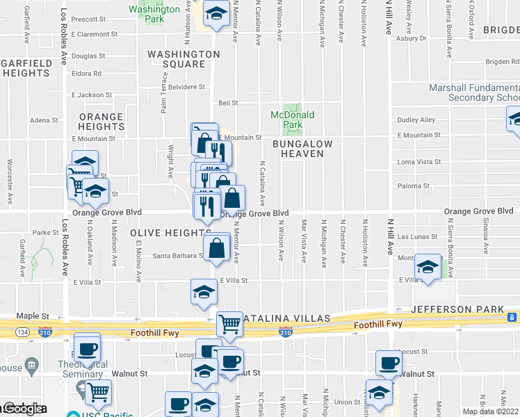 map of restaurants, bars, coffee shops, grocery stores, and more near 1015 E Orange Grove Blvd in Pasadena