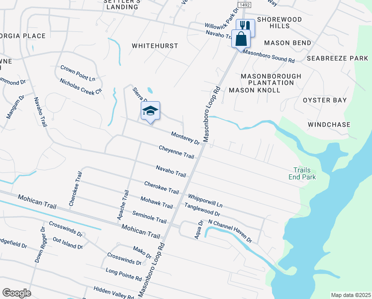 map of restaurants, bars, coffee shops, grocery stores, and more near 114 Cheyenne Trail in Wilmington