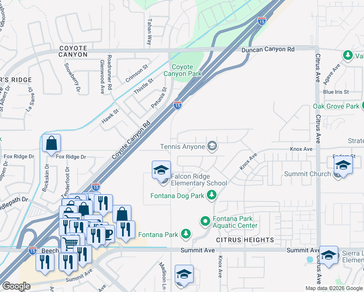 map of restaurants, bars, coffee shops, grocery stores, and more near 15547 Kings Peak Drive in Fontana