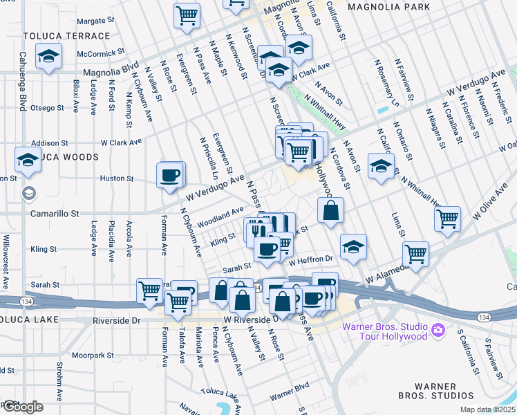 map of restaurants, bars, coffee shops, grocery stores, and more near 444 North Toluca Park Drive in Burbank