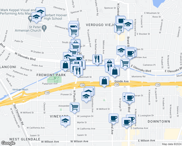 map of restaurants, bars, coffee shops, grocery stores, and more near 815 North Columbus Avenue in Glendale