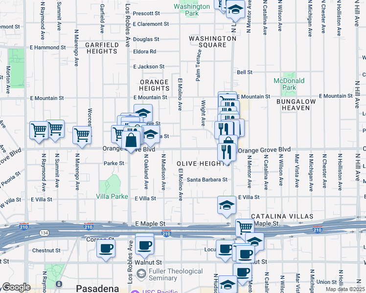 map of restaurants, bars, coffee shops, grocery stores, and more near 700 North El Molino Avenue in Pasadena