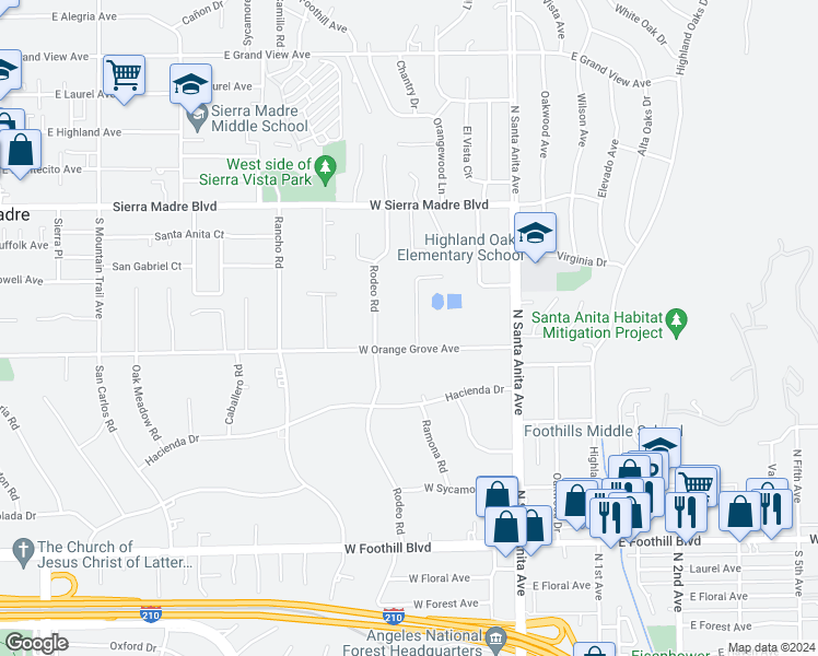 map of restaurants, bars, coffee shops, grocery stores, and more near 1517 Hyland Avenue in Arcadia
