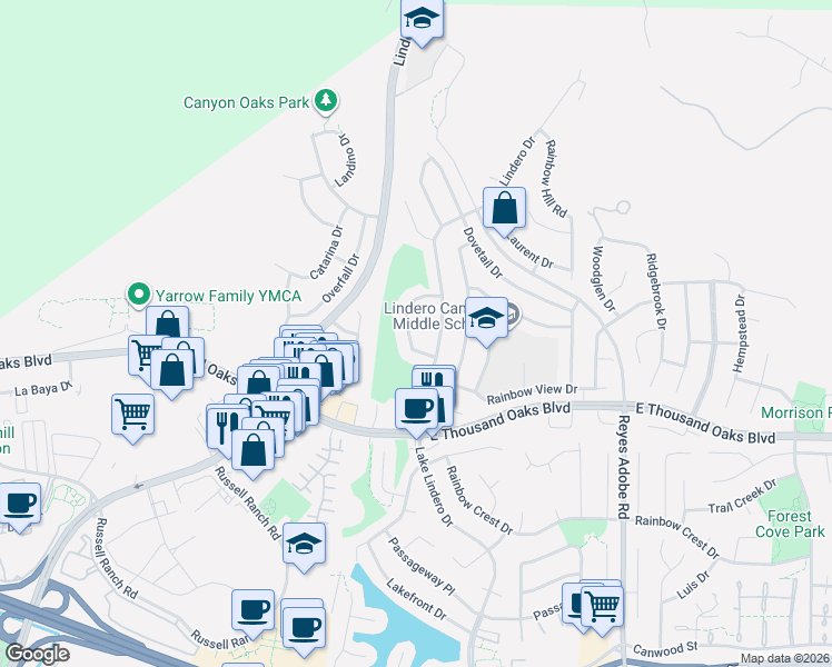 map of restaurants, bars, coffee shops, grocery stores, and more near 5842 Cape Horn Drive in Agoura Hills
