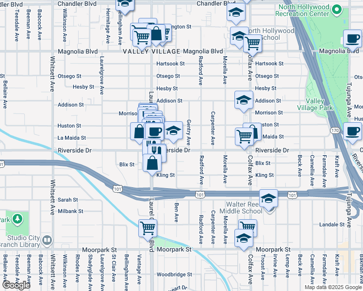 map of restaurants, bars, coffee shops, grocery stores, and more near 4812 Ben Avenue in Los Angeles