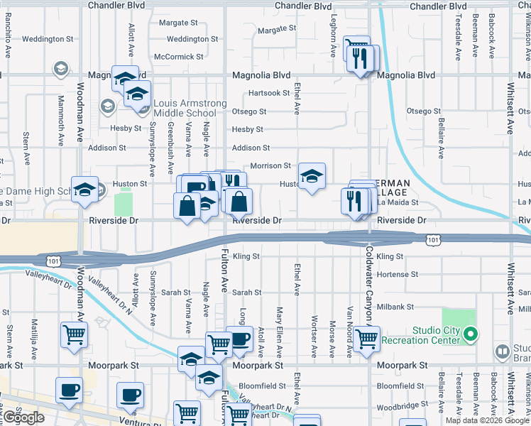 map of restaurants, bars, coffee shops, grocery stores, and more near 13157 Riverside Drive in Los Angeles
