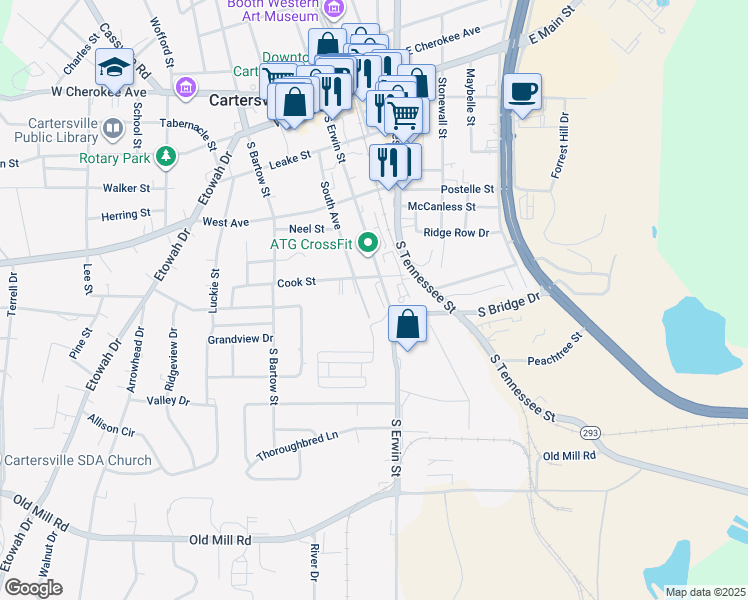 map of restaurants, bars, coffee shops, grocery stores, and more near 110 South Avenue in Cartersville