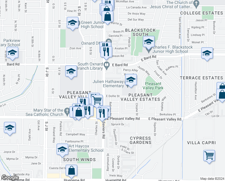 map of restaurants, bars, coffee shops, grocery stores, and more near 172 Fashion Park Place in Oxnard