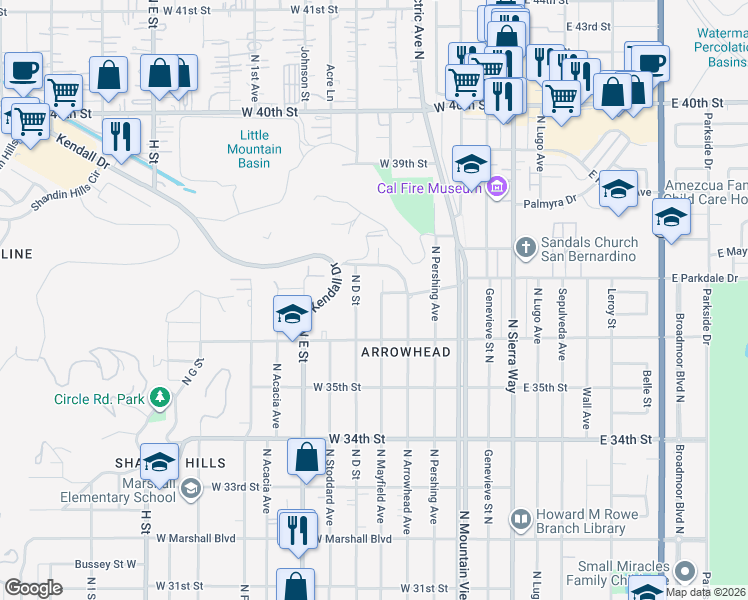 map of restaurants, bars, coffee shops, grocery stores, and more near 3664 North Mayfield Avenue in San Bernardino