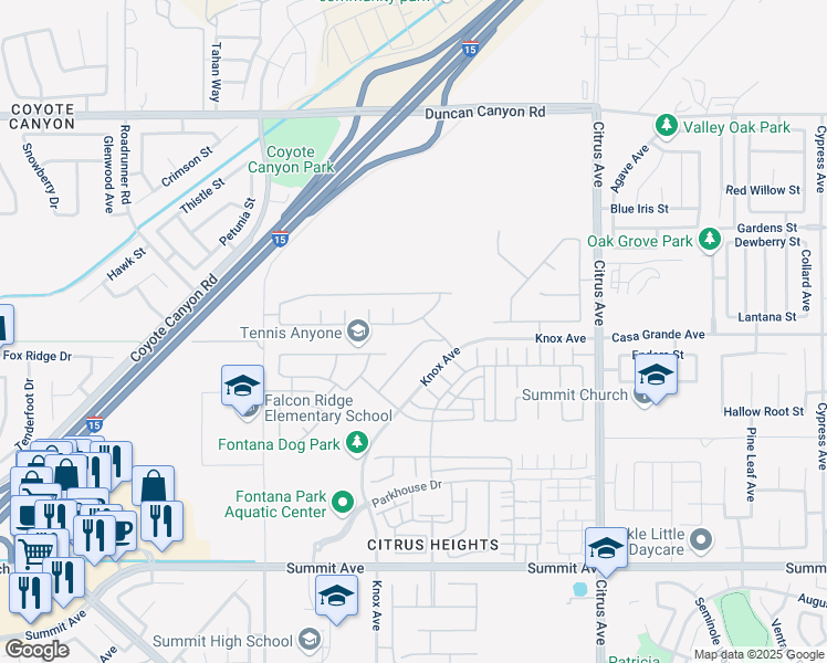 map of restaurants, bars, coffee shops, grocery stores, and more near 15765 Kings Peak Drive in Fontana