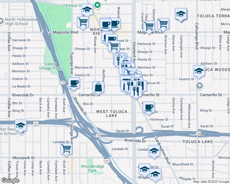 map of restaurants, bars, coffee shops, grocery stores, and more near in Los Angeles
