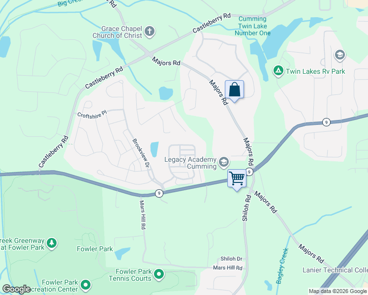 map of restaurants, bars, coffee shops, grocery stores, and more near 3425 Oxford Park Lane in Cumming