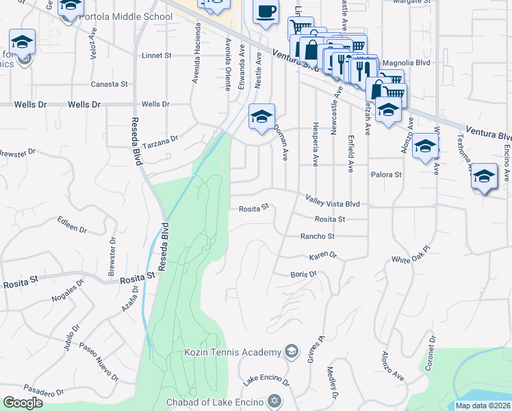 map of restaurants, bars, coffee shops, grocery stores, and more near 18229 Rosita Street in Los Angeles