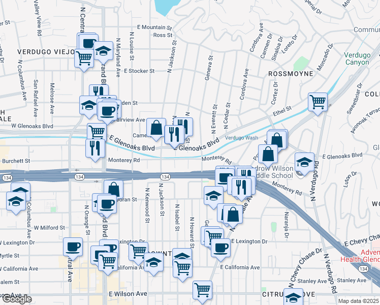 map of restaurants, bars, coffee shops, grocery stores, and more near 702 East Glenoaks Boulevard in Glendale