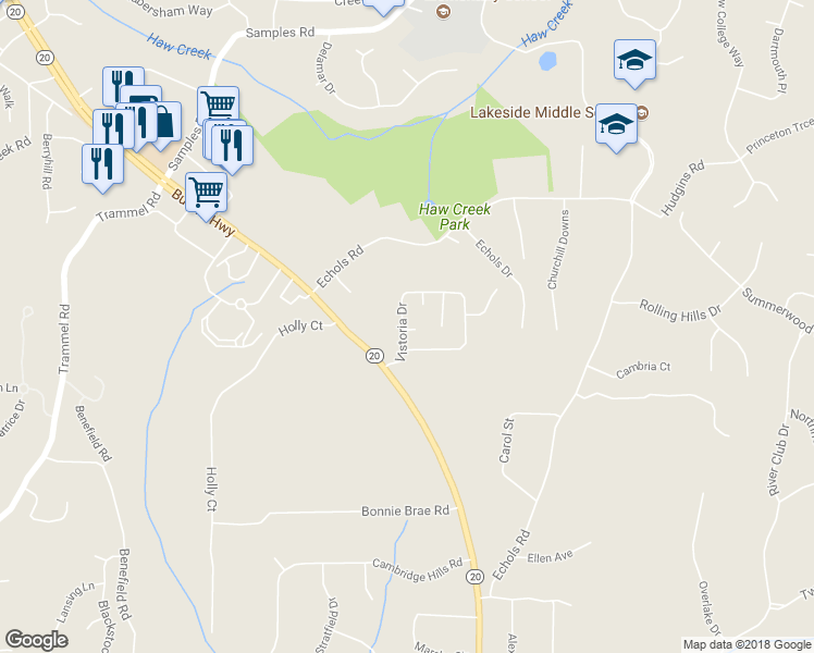 map of restaurants, bars, coffee shops, grocery stores, and more near 2150 Vistoria Drive in Cumming