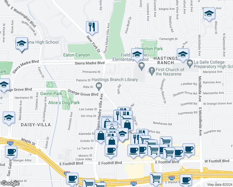map of restaurants, bars, coffee shops, grocery stores, and more near 685 Rim Road in Pasadena
