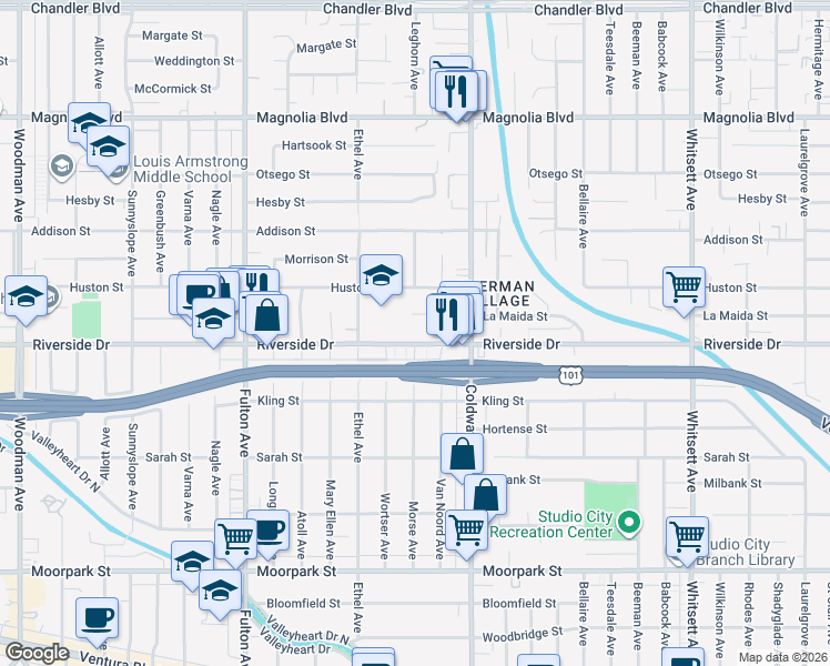 map of restaurants, bars, coffee shops, grocery stores, and more near 12955 Riverside Drive in Los Angeles