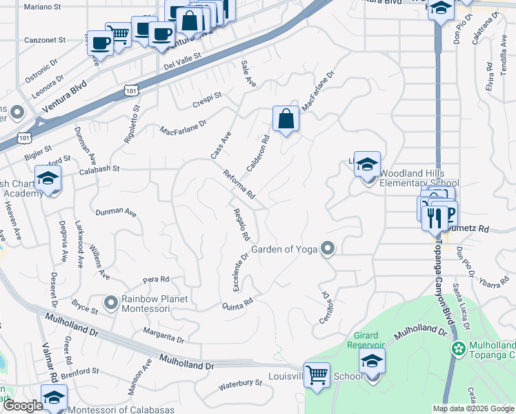 map of restaurants, bars, coffee shops, grocery stores, and more near 22469 Sentar Road in Los Angeles