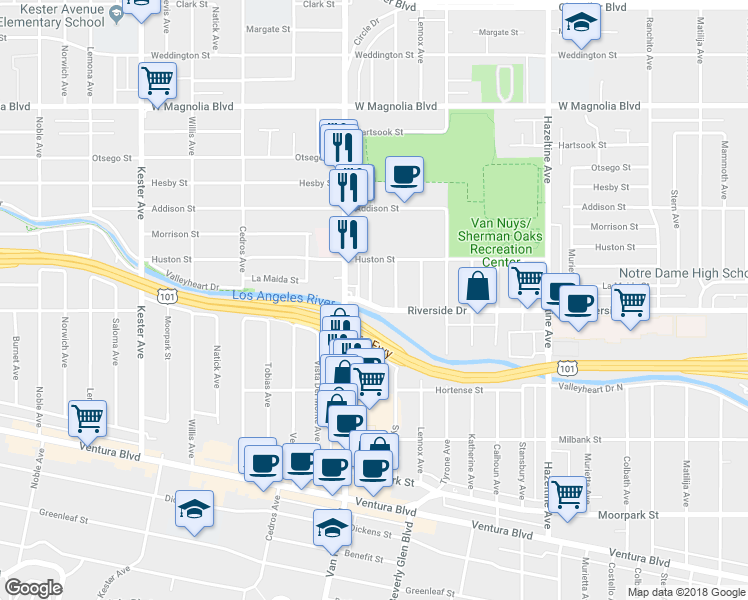 map of restaurants, bars, coffee shops, grocery stores, and more near 14427 Riverside Drive in Los Angeles