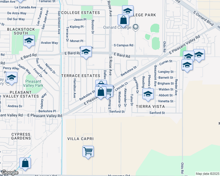 map of restaurants, bars, coffee shops, grocery stores, and more near E Pleasant Valley Rd & S Rose Ave in Oxnard