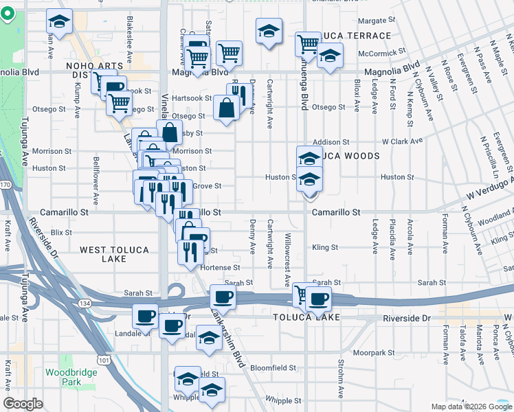 map of restaurants, bars, coffee shops, grocery stores, and more near 10715 Camarillo Street in Los Angeles