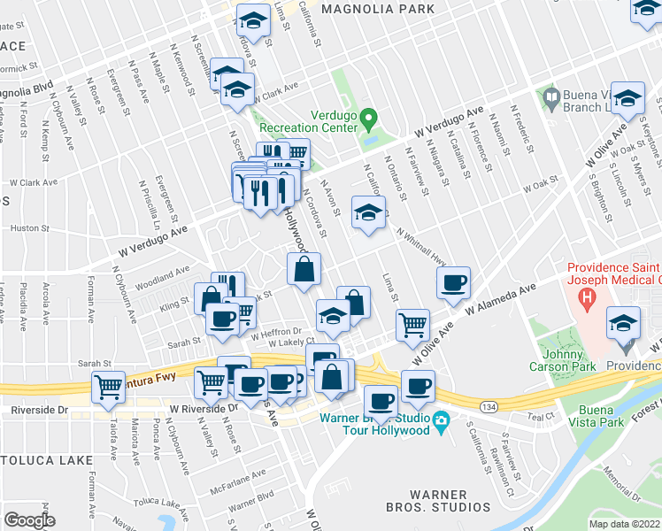 map of restaurants, bars, coffee shops, grocery stores, and more near 401 North Cordova Street in Burbank