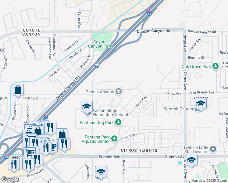 map of restaurants, bars, coffee shops, grocery stores, and more near 15640 Portenza Drive in Fontana