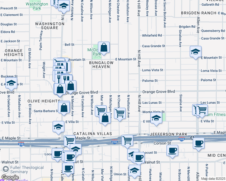 map of restaurants, bars, coffee shops, grocery stores, and more near 1221 East Orange Grove Boulevard in Pasadena