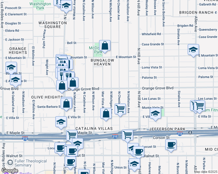 map of restaurants, bars, coffee shops, grocery stores, and more near 1155 East Orange Grove Boulevard in Pasadena