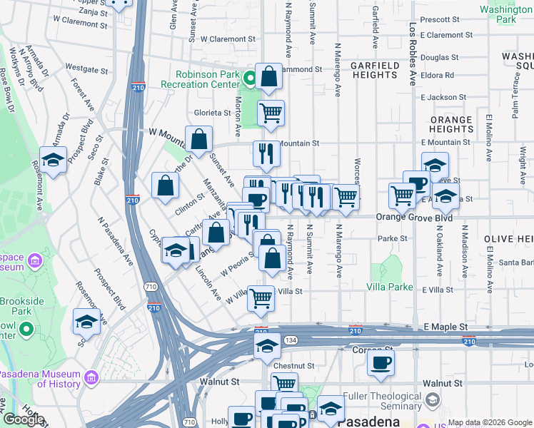 map of restaurants, bars, coffee shops, grocery stores, and more near 953 North Orange Grove Boulevard in Pasadena