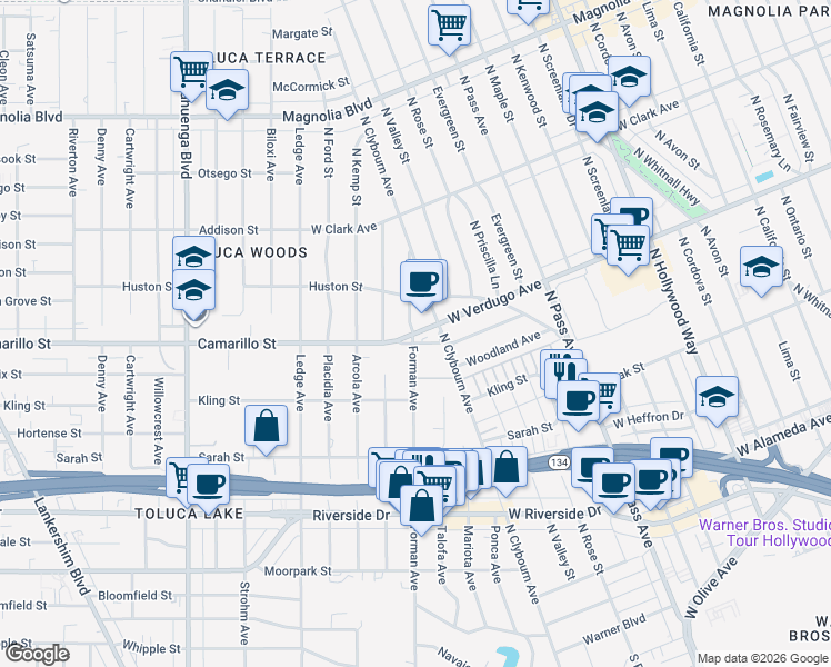 map of restaurants, bars, coffee shops, grocery stores, and more near 10201 Camarillo Street in Los Angeles
