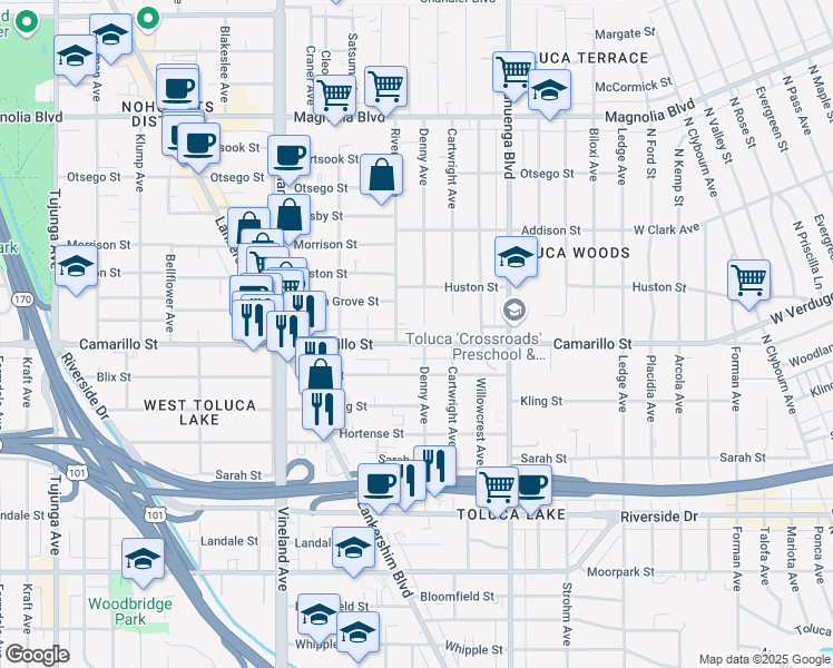 map of restaurants, bars, coffee shops, grocery stores, and more near 10741 Camarillo Street in Los Angeles