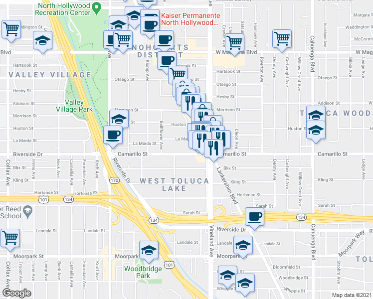 map of restaurants, bars, coffee shops, grocery stores, and more near in Los Angeles