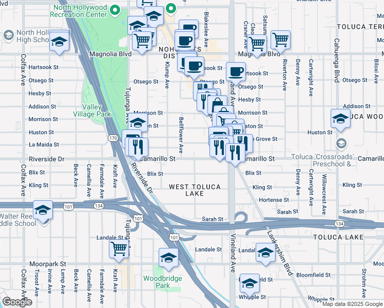 map of restaurants, bars, coffee shops, grocery stores, and more near 11151 Camarillo Street in Los Angeles