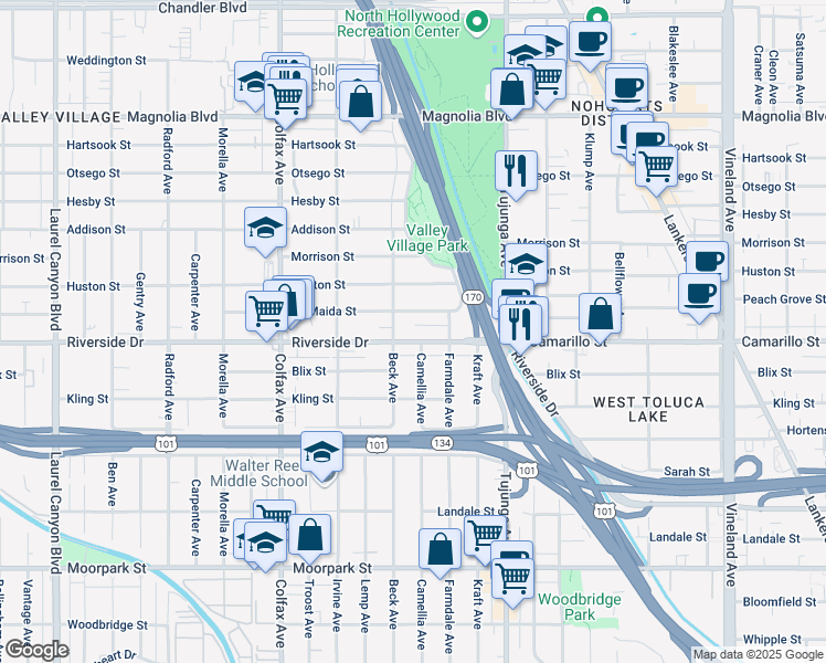 map of restaurants, bars, coffee shops, grocery stores, and more near 11531 Riverside Drive in Los Angeles