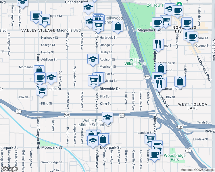 map of restaurants, bars, coffee shops, grocery stores, and more near 11612 La Maida Street in Los Angeles