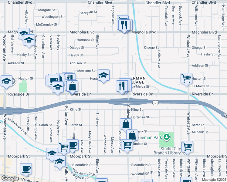 map of restaurants, bars, coffee shops, grocery stores, and more near 12955 Riverside Drive in Los Angeles