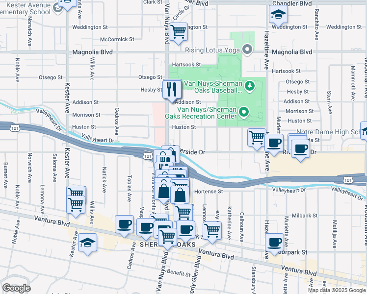map of restaurants, bars, coffee shops, grocery stores, and more near 14427 Riverside Drive in Los Angeles