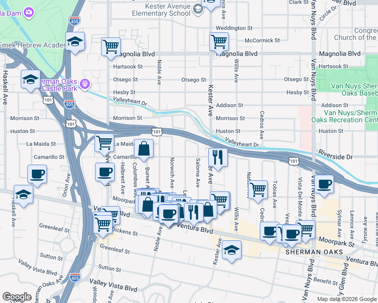 map of restaurants, bars, coffee shops, grocery stores, and more near 4814 Lemona Avenue in Los Angeles