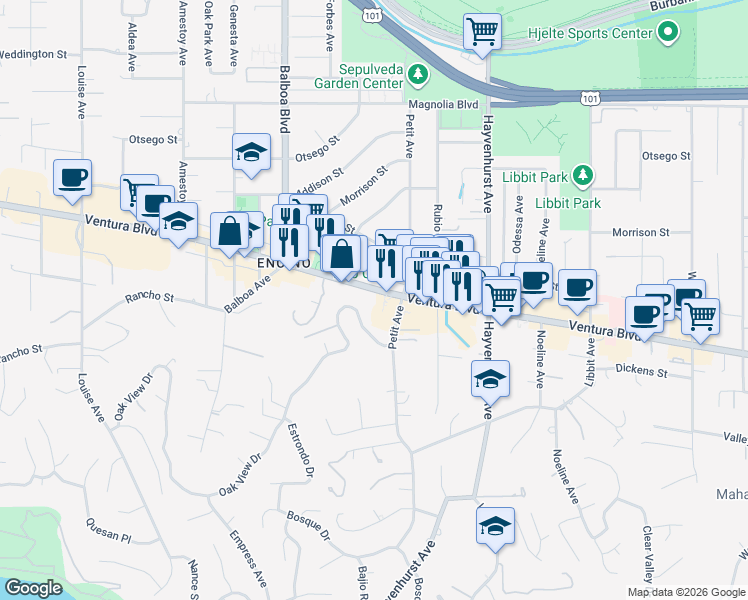 map of restaurants, bars, coffee shops, grocery stores, and more near 16656 Ventura Boulevard in Los Angeles