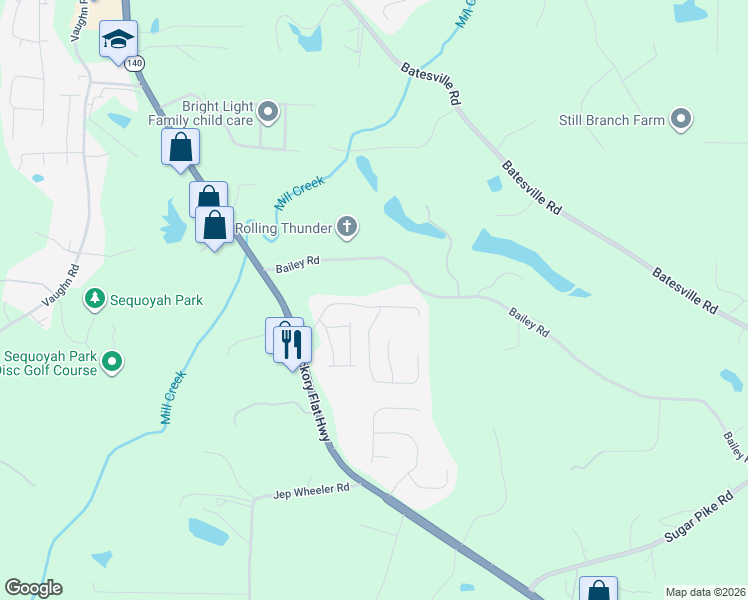 map of restaurants, bars, coffee shops, grocery stores, and more near 217 Park Creek Drive in Woodstock