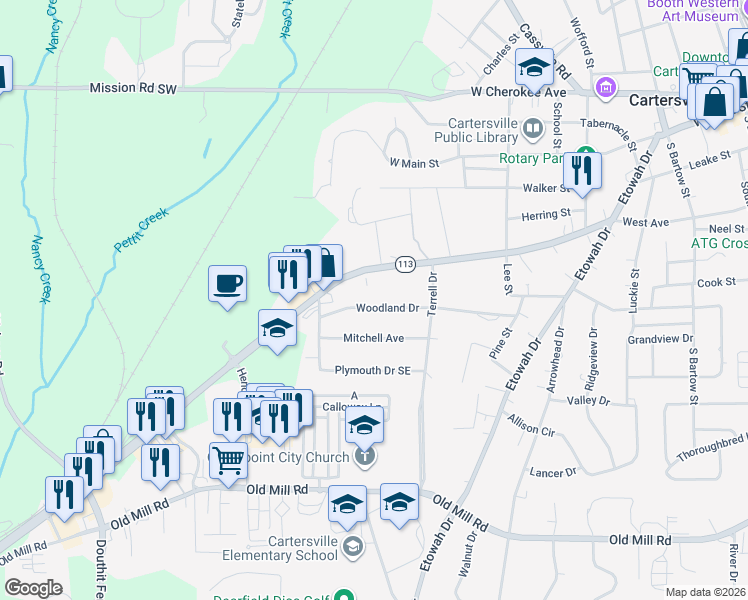 map of restaurants, bars, coffee shops, grocery stores, and more near 115 Woodland Drive in Cartersville