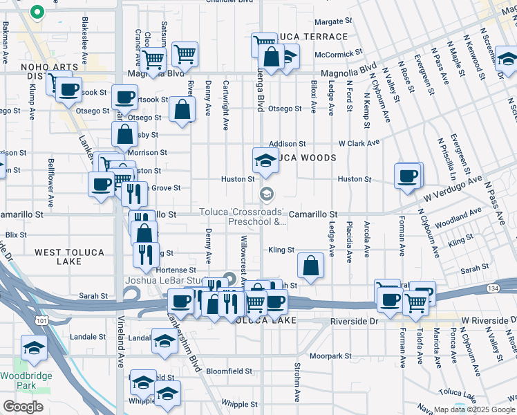 map of restaurants, bars, coffee shops, grocery stores, and more near 10605 Camarillo Street in Los Angeles
